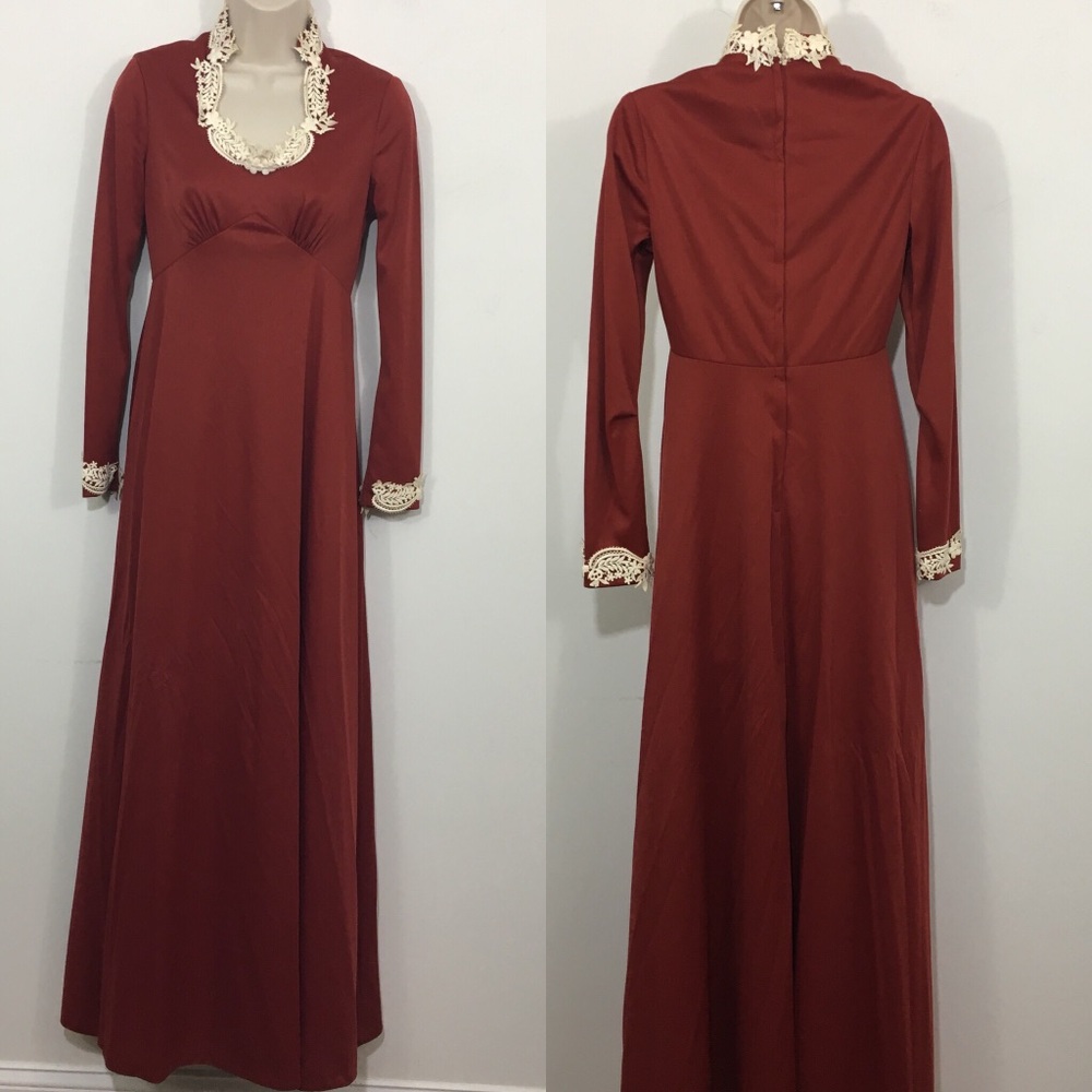 Vintage scoop neck lace trim maxi dress red size 6